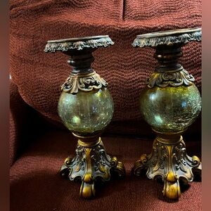 Beautiful home candlesticks, Olive green cracked glass, 10”s tall base is 5”s